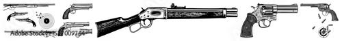 Vector Collection of vintage firearms illustrations in black and white.