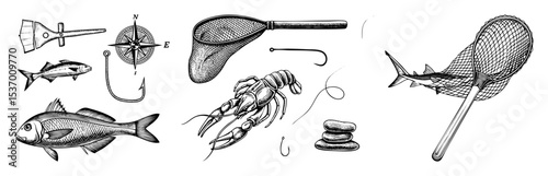 Vector Vintage fishing equipment featuring fish a compass and a landing net.