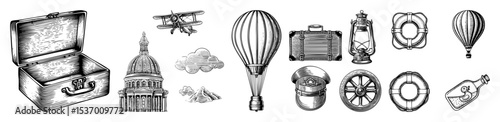 Vector Vintage travel elements including an airship biplane and architectural landmarks are presented as detailed illustrations.