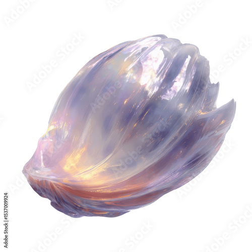 Abstract iridescent organic form, resembling a flower or seashell, with glowing inner light