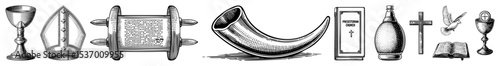 Vector Vintage collection of historical objects including tools books and religious items.