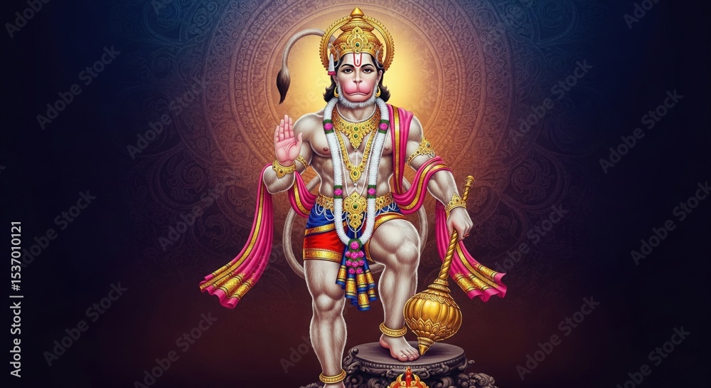 Fototapeta premium Lord Hanuman Ji 4K HD Desktop Wallpaper | Hanuman Ji Divine Animated Background 16:9 | Hanuman Jayanti Spiritual Wallpaper for PC