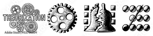 Vector Steampunk gears a bishop chess piece and abstract shapes form a vintage-inspired .