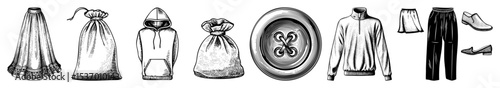 Vector Vintage apparel and accessories collection in engraved style.