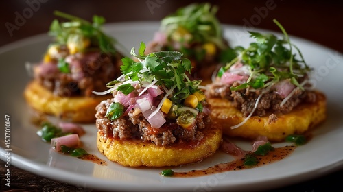 Four tostones plated, savory beef and vegetables