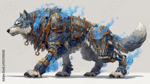 Mystical Armored Wolf: An armored wolf, wreathed in ethereal blue flames, strides confidently forward, exuding an aura of mystique and strength in a digitally rendered scene.