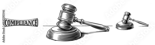 Vector Legal compliance is symbolized by gavels and a banner.