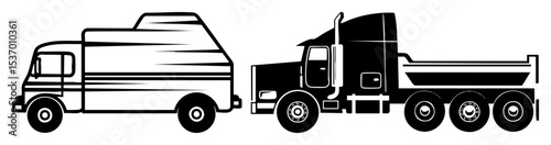 Vector Industrial trucks featuring a box truck and a dump truck.
