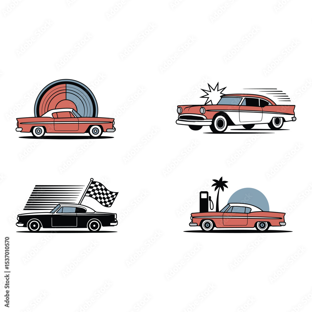 Obraz premium Illustrations of classic cars with retro design elements on white