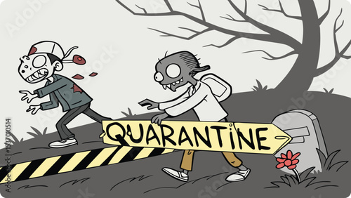 Two cartoon zombies walk past a quarantine sign near a grave