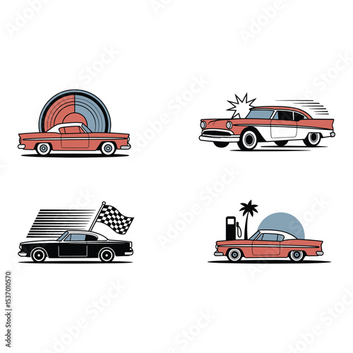 Illustrations of classic cars with retro design elements on white