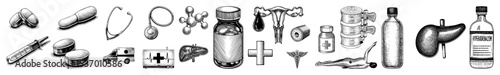 Vector Assorted vintage objects and anatomical illustrations are arranged in a linear composition.