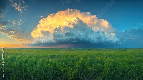 Massive thunderhead cloud forming over prairie landscape during summer storm.