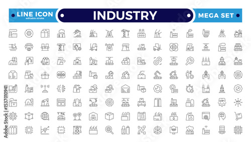 Industry Outline icon. Technology, finance, healthcare, automotive, energy, retail, construction, hospitality, tourism, education, Oil, gas, refinery, petroleum. Editable stroke outline icon.
