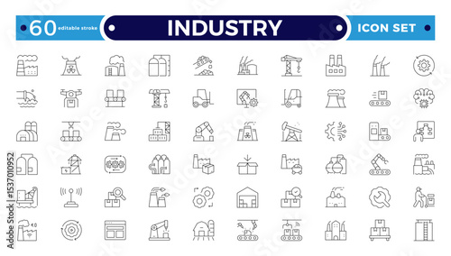 Industry Outline icon. Technology, finance, healthcare, automotive, energy, retail, construction, hospitality, tourism, education, Oil, gas, refinery, petroleum. Editable stroke outline icon.