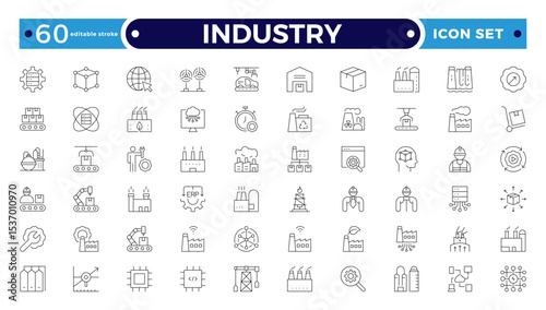 Industry Outline icon. Technology, finance, healthcare, automotive, energy, retail, construction, hospitality, tourism, education, Oil, gas, refinery, petroleum. Editable stroke outline icon.