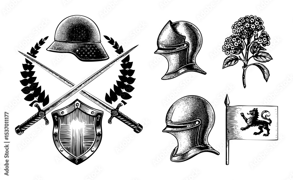 Vector Vintage heraldic elements featuring medieval helmets crossed swords a shield a floral branch and a lion banner.