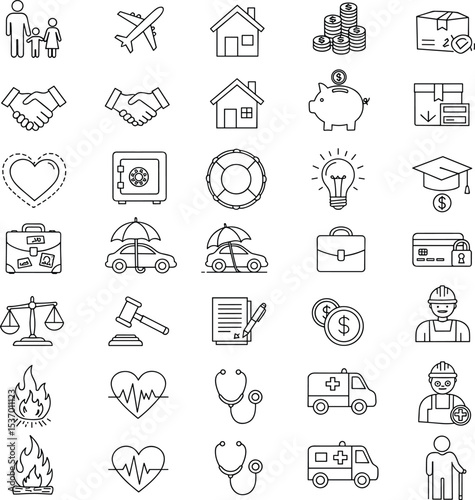 Insurance icons, finance security, medical health symbols, law and justice elements, business investment signs, banking, fire safety, auto protection, family care, retirement planning, icon set