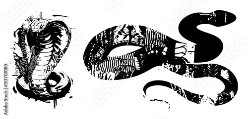 Vector Bold cobra snake illustrations with textured details and dynamic poses.