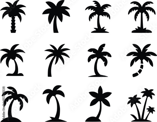 Palm Tree Black Icons Silhouette Vectors Different Style Tropical Island Graphics
