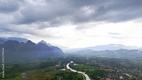 4k Video shot aerial view by drone. mountain at the village of Vang Vieng on Laos.