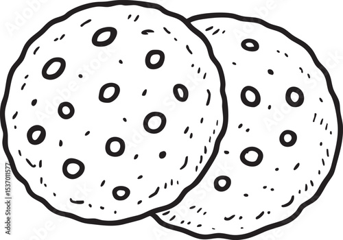 Two Chocolate Chip Cookies Illustration in Black and White Perfect for Coloring Pages and Baking Themed Designs