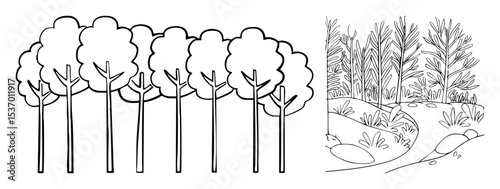 Vector Stylized trees and hillside in black and white.