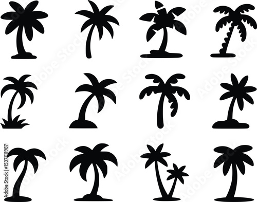 Palm Tree Black Icons Silhouette Vectors Different Style Tropical Island Graphics
