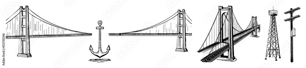 Fototapeta premium Vector Detailed illustrations of bridge structures an anchor and railway crossing signs.