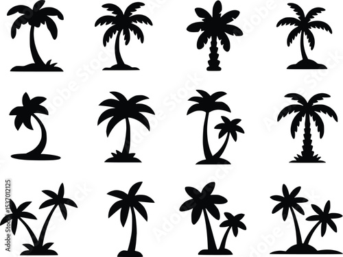 Palm Tree Black Icons Silhouette Vectors Different Style Tropical Island Graphics
