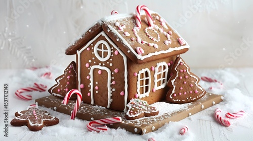 Gingerbread house with candy cane and icing snow festive Christmas dessert white backdrop