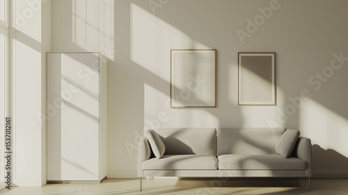 Grey settee near white cupboard in minimal living room