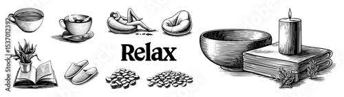Vector Relaxation scene featuring a woman beverage candle and natural elements in a vintage woodcut style.