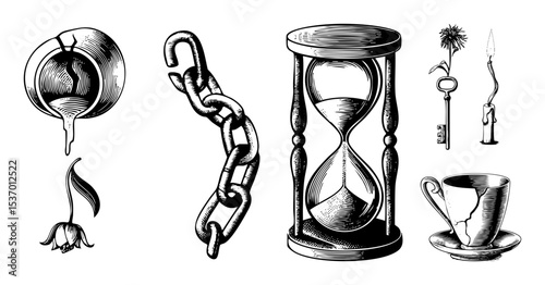 Vector Vintage collection featuring an orb hand hourglass key and teacup illustrations.