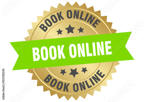 book online. book online round green and gold label isolated on transparent background