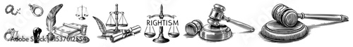 Vector Illustrative collection of legal and justice symbols including scales gavel and rings.