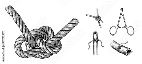 Vector Detailed illustrations of various rope knots and binding techniques are presented in a vintage engraving style.