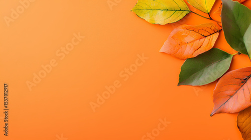 Autumn colorful leaves on orange background with copy space
