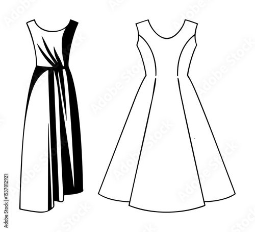 Vector Elegant sleeveless dresses with flared skirts.