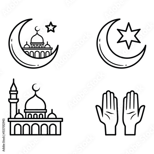 Islamic symbols featuring crescent moon star mosque and praying hands