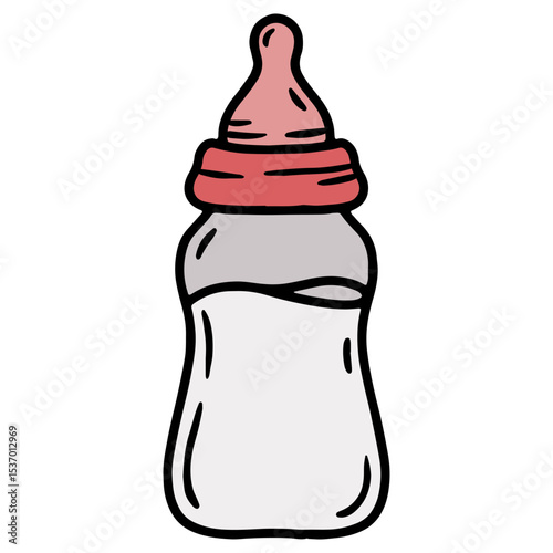 Hand drawn vector illustration of a baby feeding bottle with nipple, pink and grey color