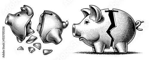 Vector Broken piggy banks illustrate financial loss and economic hardship.