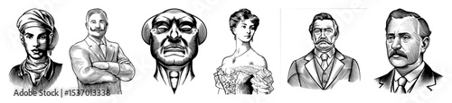 Vector collection of six vintage-style portrait illustrations depicting diverse individuals.
