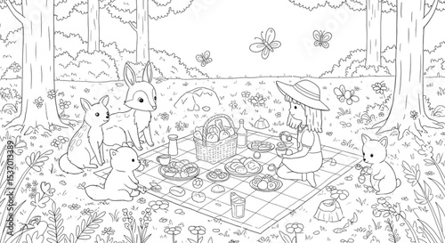 Enchanting Forest Picnic A Coloring Page Featuring Adorable Animals