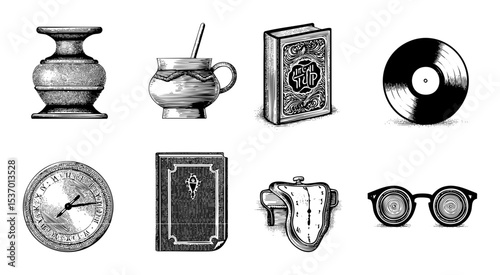 Vector Vintage collection of illustrated objects including a vase potion book record clock card flask and glasses.