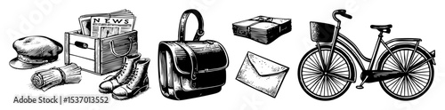 Vector Vintage delivery items including a bicycle bag and newspapers are arranged in a .