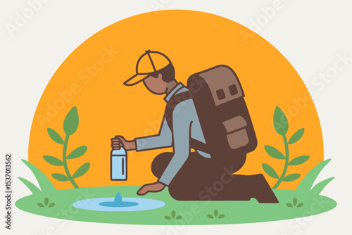 Hiker with backpack kneels by clear water source, filling bottle, surrounded by lush greenery, showcasing outdoor exploration and nature's beauty