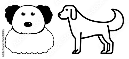 Vector Two adorable canine illustrations depict a fluffy pup and a sleek dog.