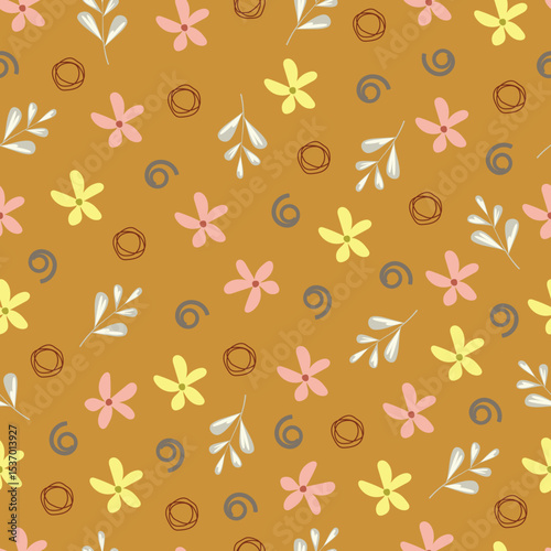 Scandinavian flowers, leaves and spirals floral vector seamless surface pattern design