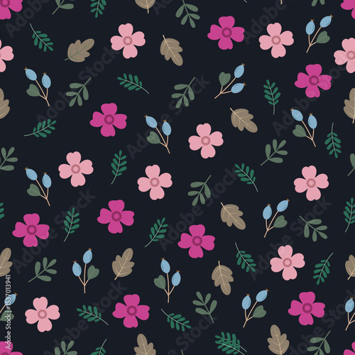 Scandinavian flowers, leaves and berries floral vector seamless surface pattern design